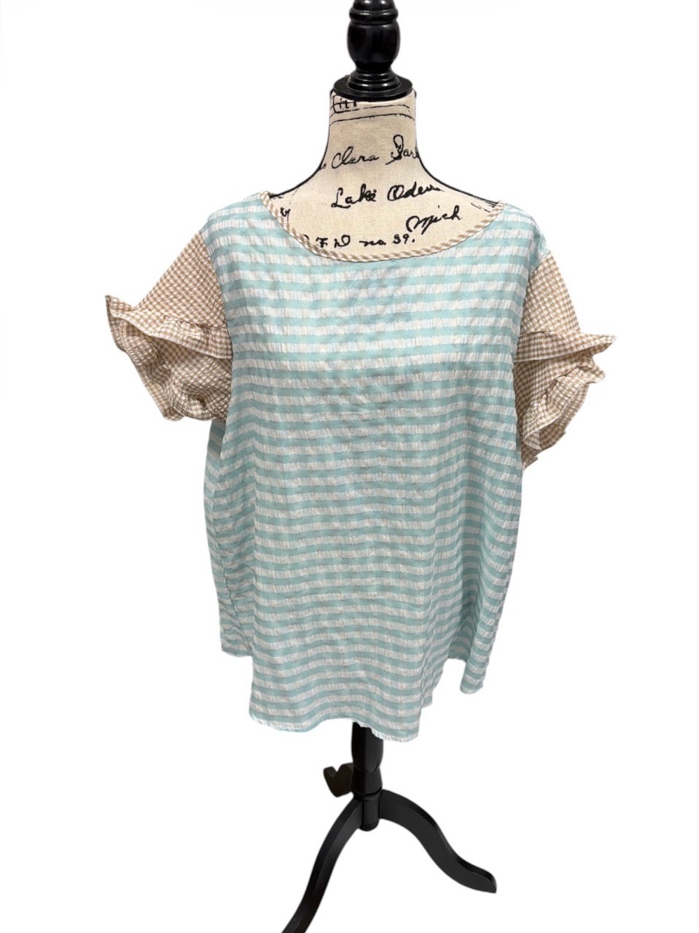 SHEIN Curve 2XL Aqua White Striped Ruffle Sleeve Blouse Plus Size
